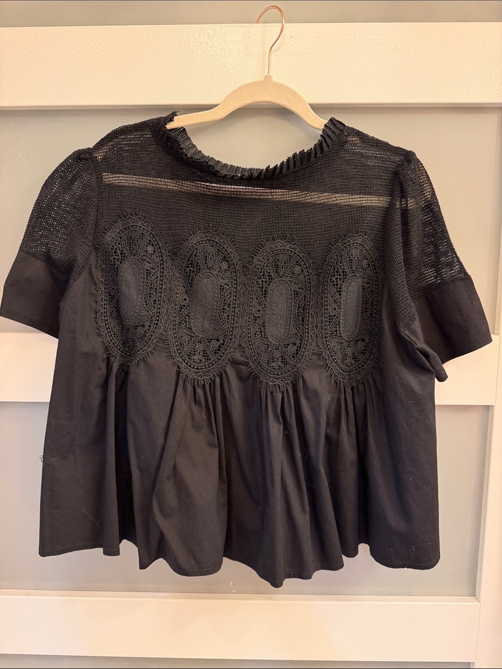 Anthropologie Black Crochet Yoke Peplum Top - Women size Large